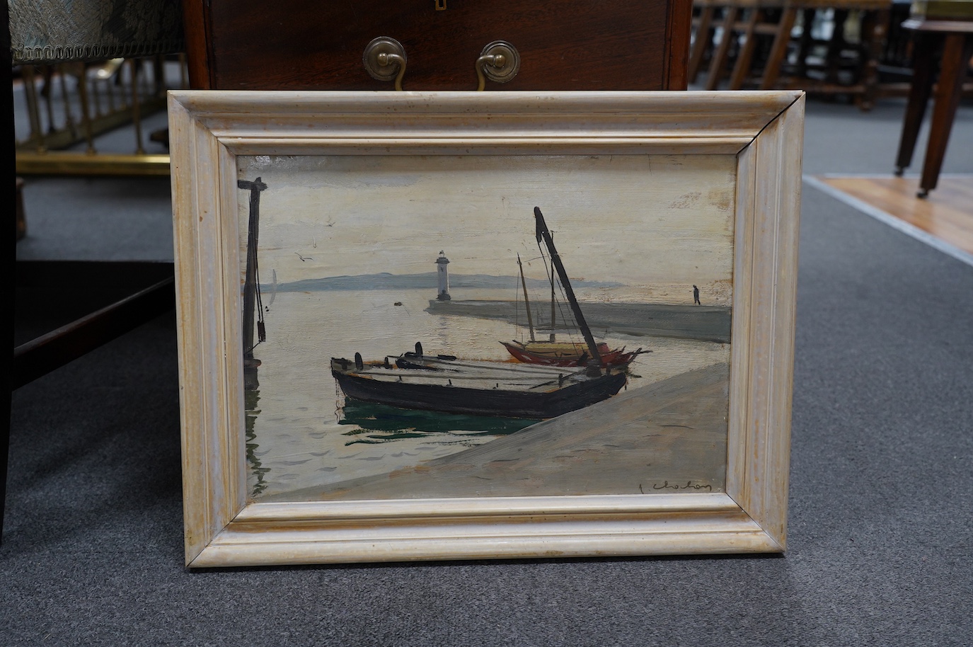 Andie Chocon (1910-2005), oil on board, Harbour scene with fishing boats, signed, 28 x 39cm. Condition - fair, would benefit from a clean